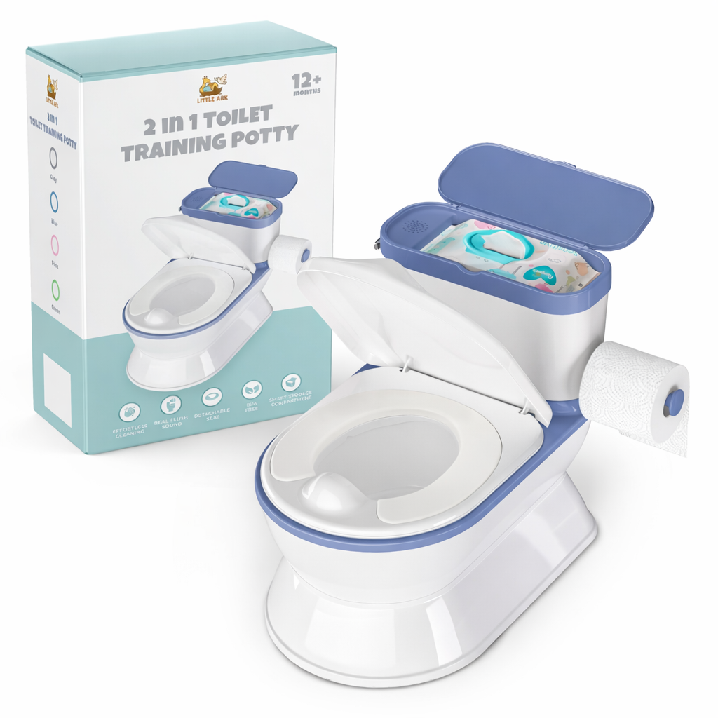 A 2-in-1 toilet training potty shown with its packaging box. The potty is white with blue trim, featuring an open lid, a seat cover, a side-mounted storage bin filled with training pads, and a roll of toilet paper attached.