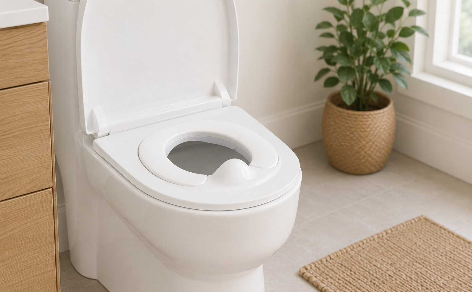 Detachable training seat placed on a toilet, shown in a bright bathroom setting with a wooden cabinet, potted plant, and woven rug.