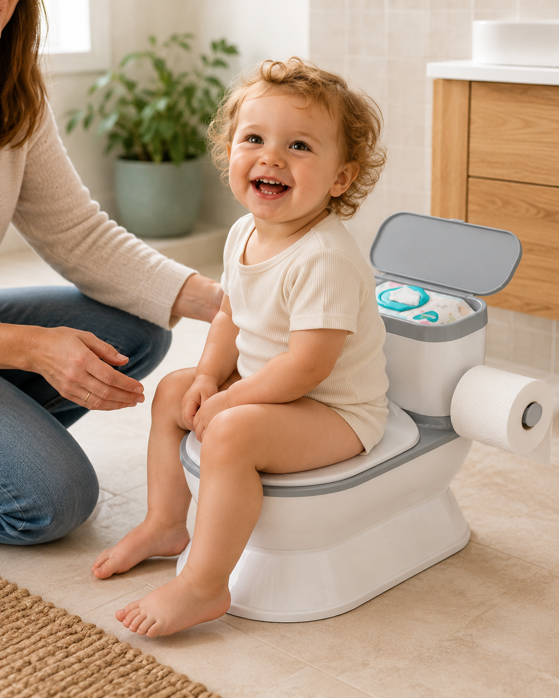 A toddler sits smiling on the little ark training potty in a bright bathroom. An adult is kneeling beside the child.