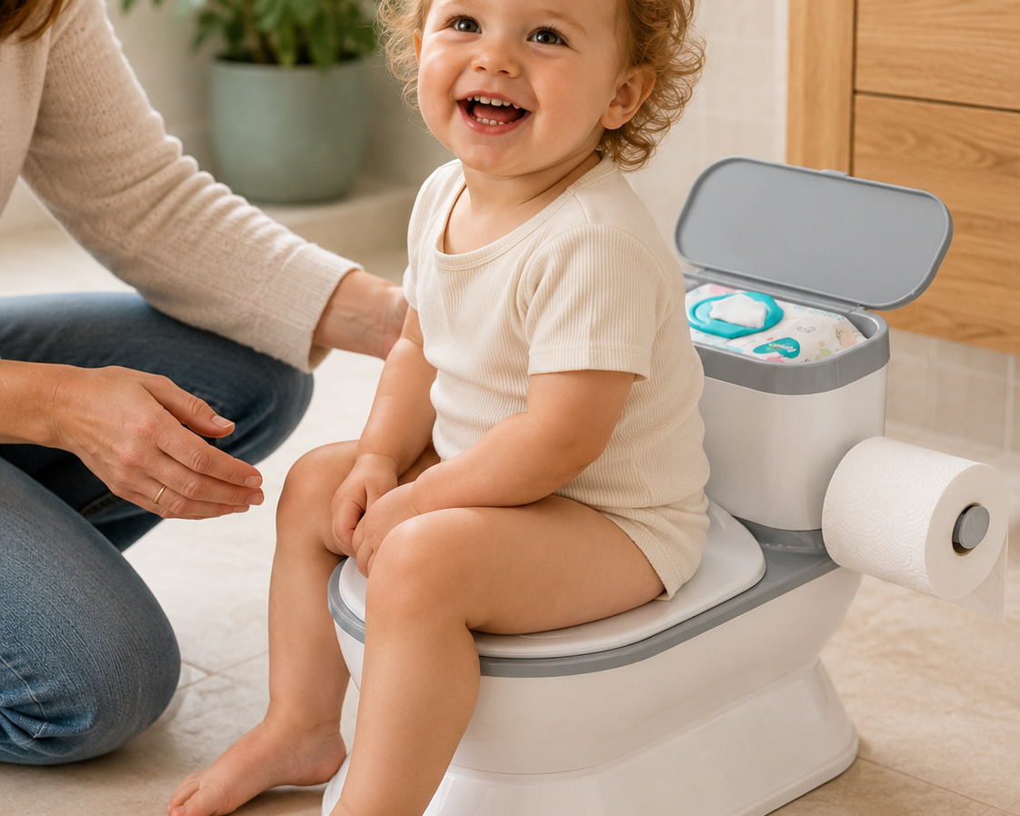 A toddler sits smiling on a white and gray portable potty with a lid, diaper pail, and toilet paper holder in a bright bathroom. An adult is kneeling beside the child.