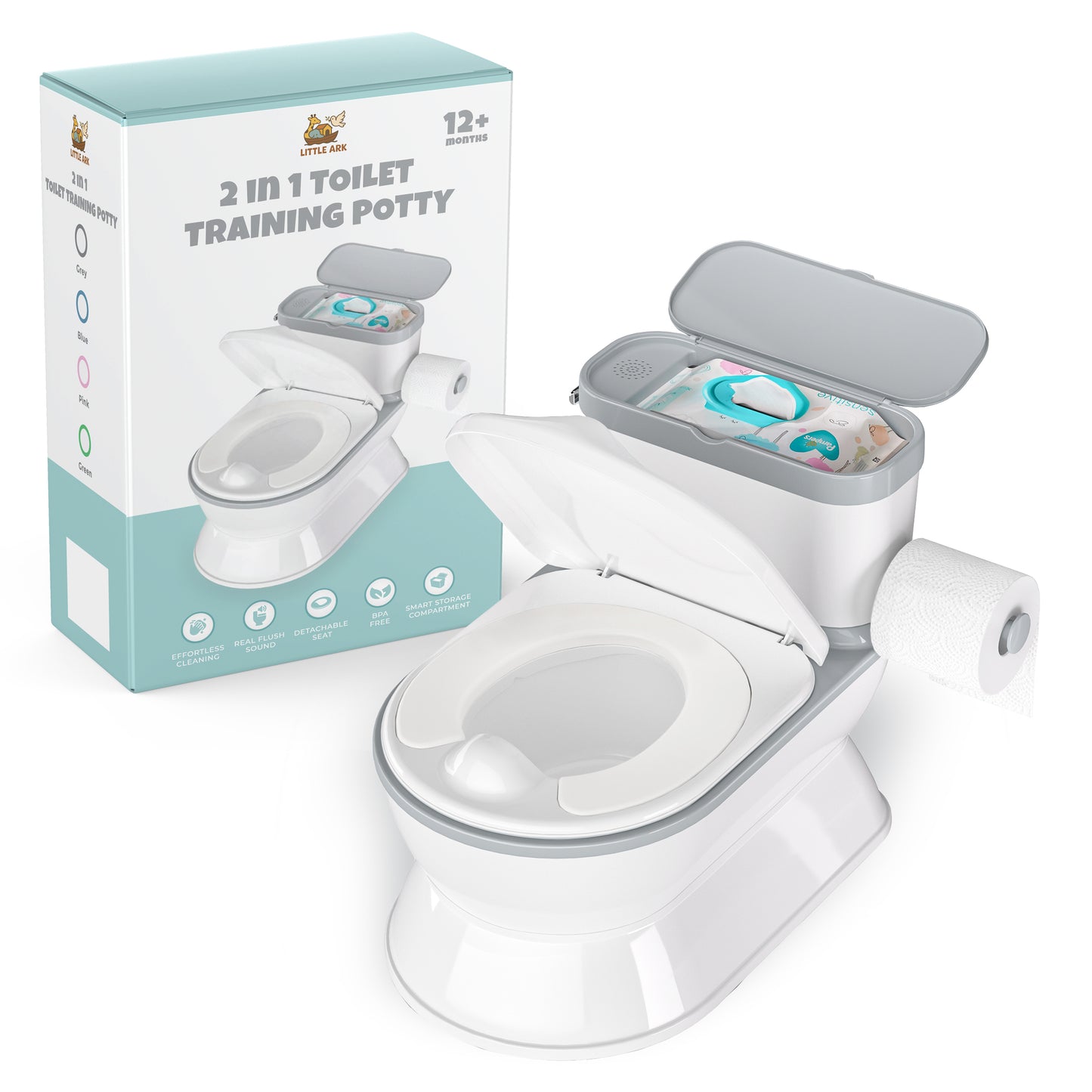 A 2-in-1 toilet training potty shown with its packaging box. The potty is white with gray accents, featuring an open lid that reveals a storage compartment with diapers, a toilet seat cover, and a roll of toilet paper on the side.